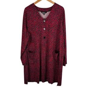 Ulla Popken Lagenlook Long Tunic Top 20/22 Red Animal Print Liquid Knit Pockets